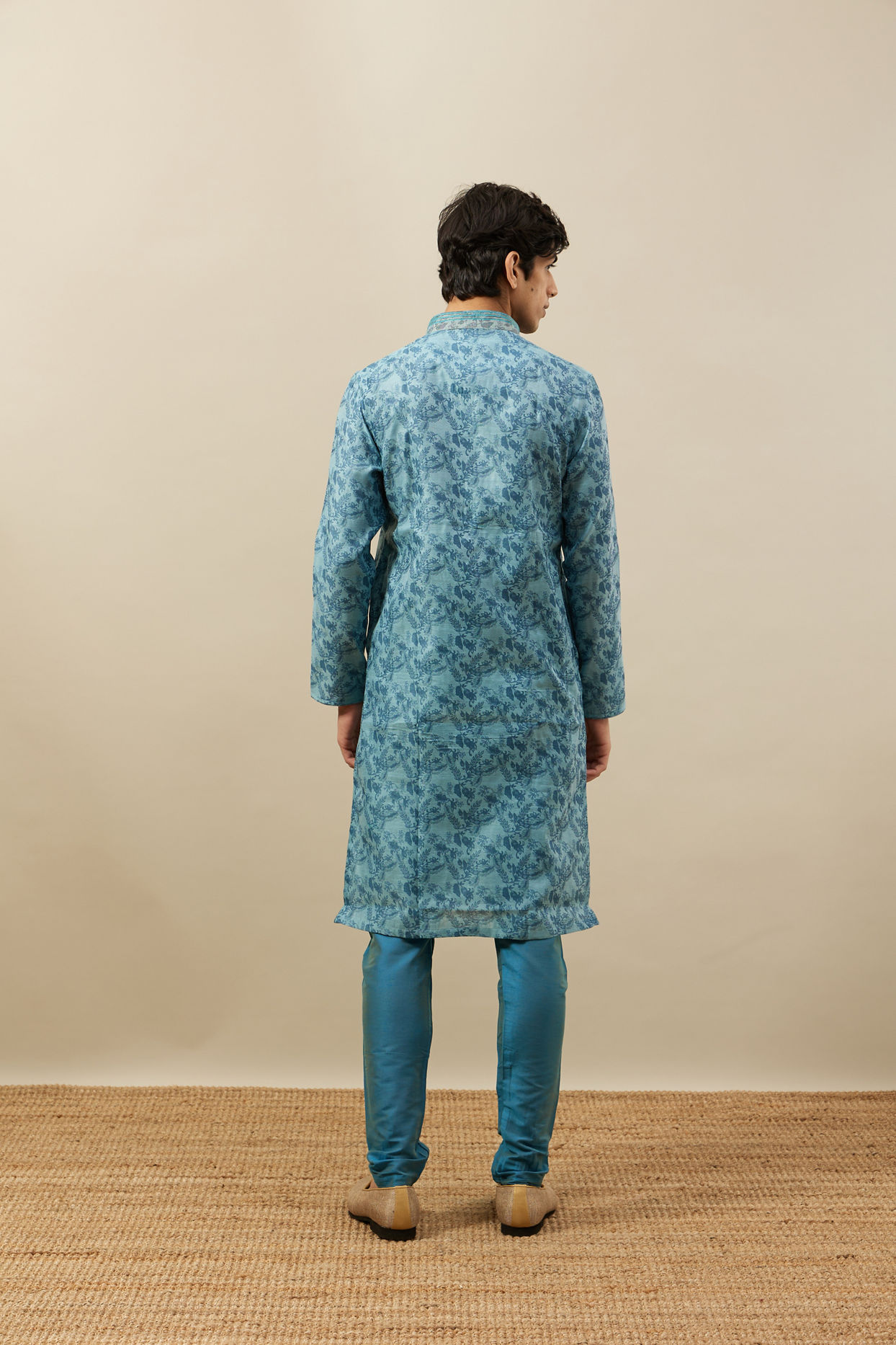 Manyavar Men Tropical Blue Bel Buti Printed Kurta Set
