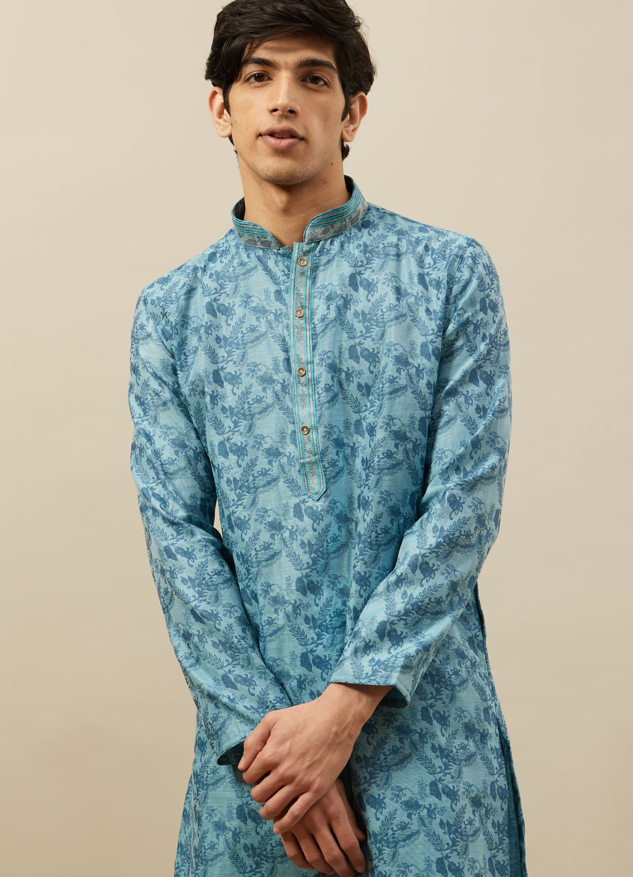 Manyavar Men Tropical Blue Bel Buti Printed Kurta Set