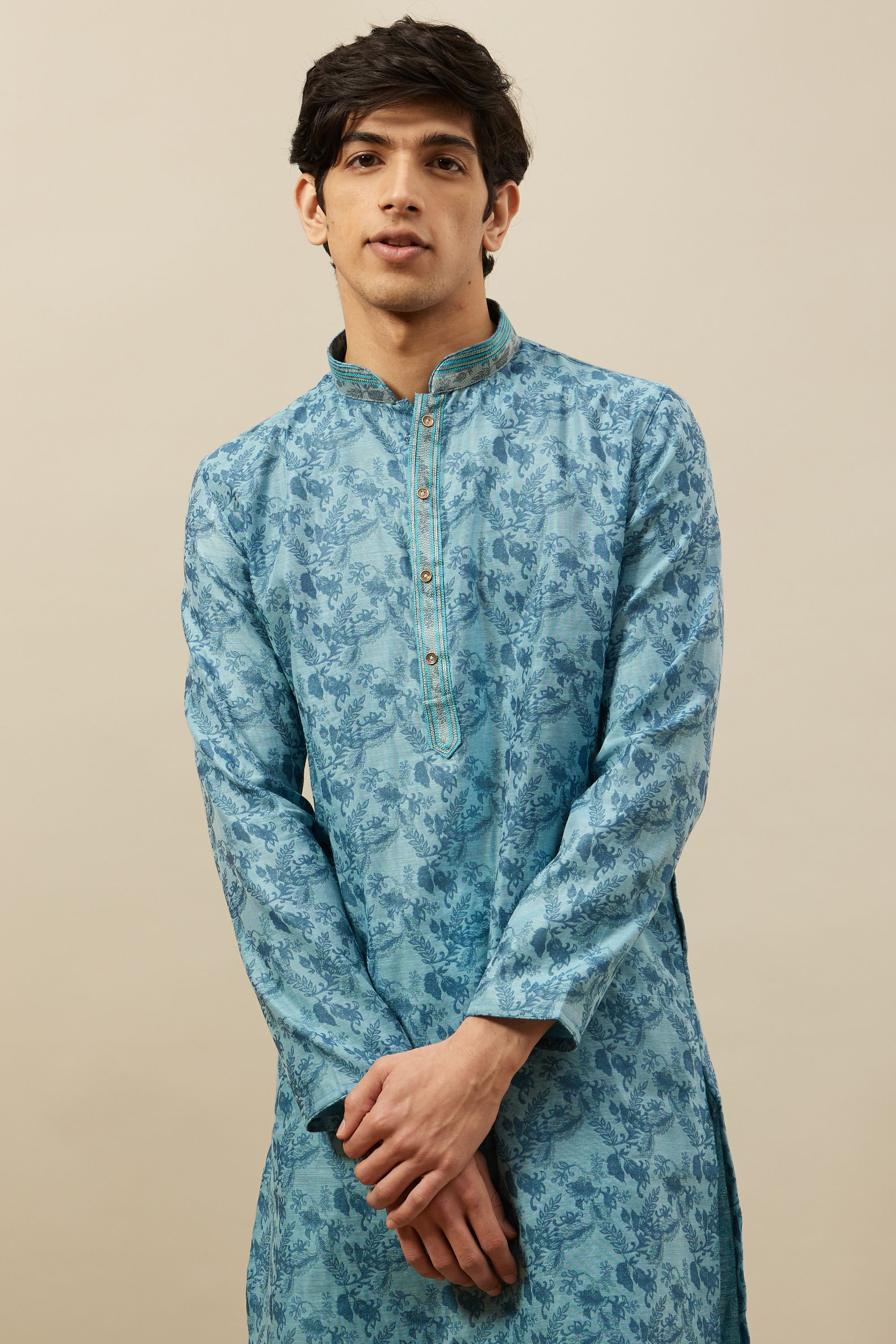 Manyavar Men Tropical Blue Bel Buti Printed Kurta Set