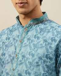 Manyavar Men Tropical Blue Bel Buti Printed Kurta Set