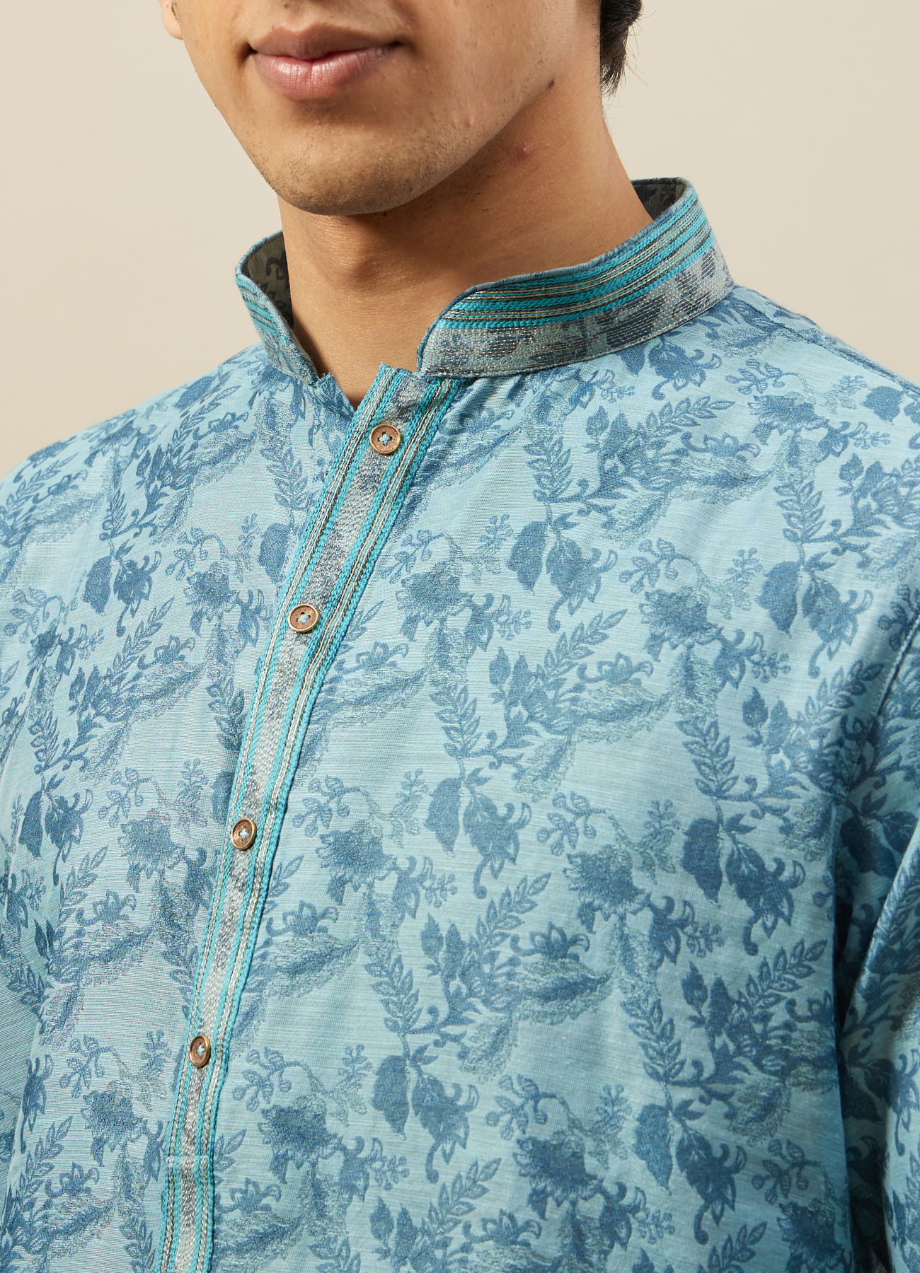 Manyavar Men Tropical Blue Bel Buti Printed Kurta Set