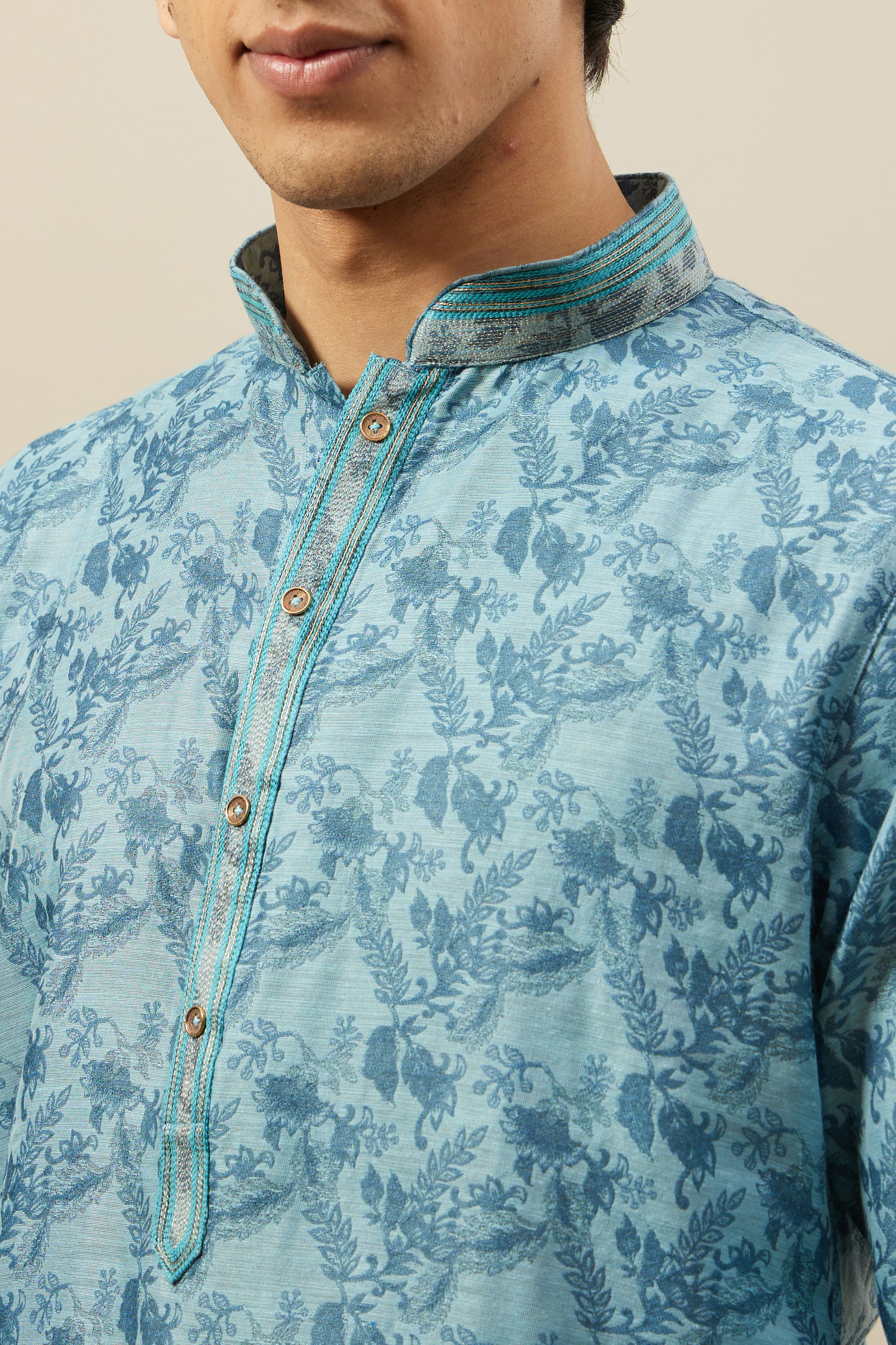 Manyavar Men Tropical Blue Bel Buti Printed Kurta Set