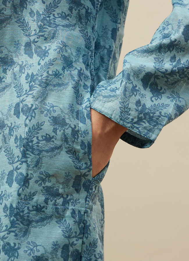 Manyavar Men Tropical Blue Bel Buti Printed Kurta Set