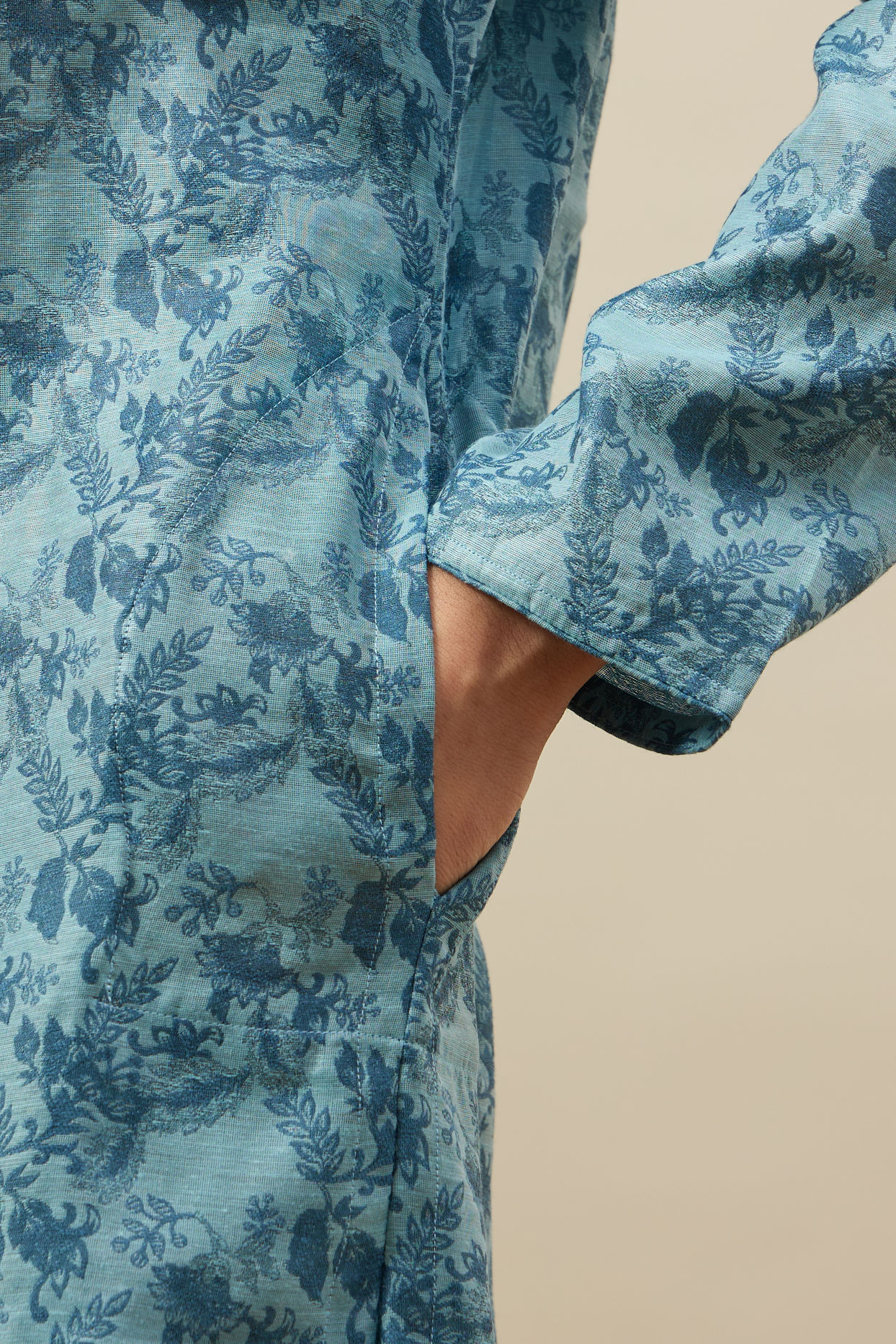 Manyavar Men Tropical Blue Bel Buti Printed Kurta Set