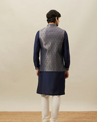 Twamev Men Dark Blue Silk Geometric Woven Jacquard Jacket Set