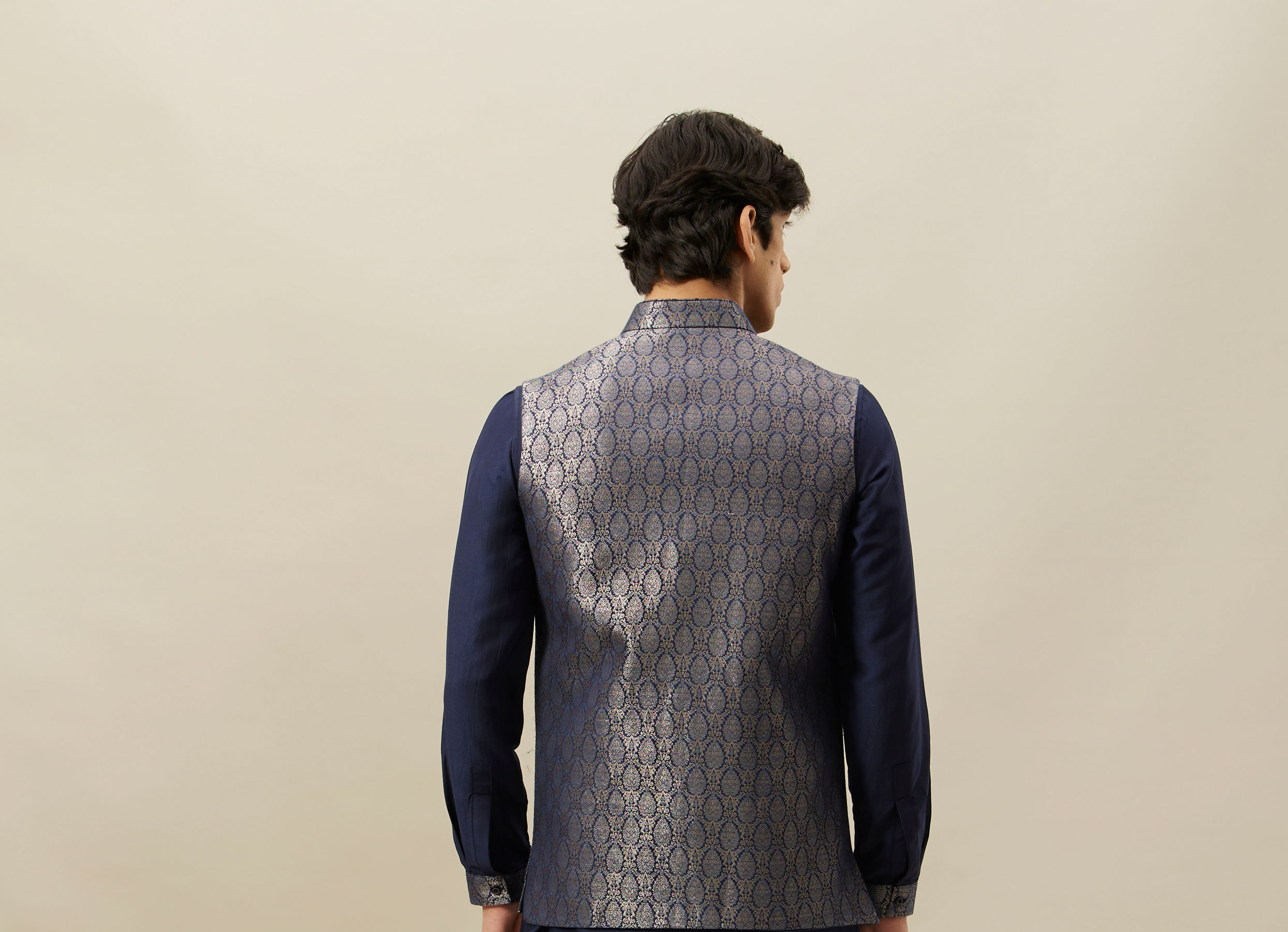 Twamev Men Dark Blue Silk Geometric Woven Jacquard Jacket Set