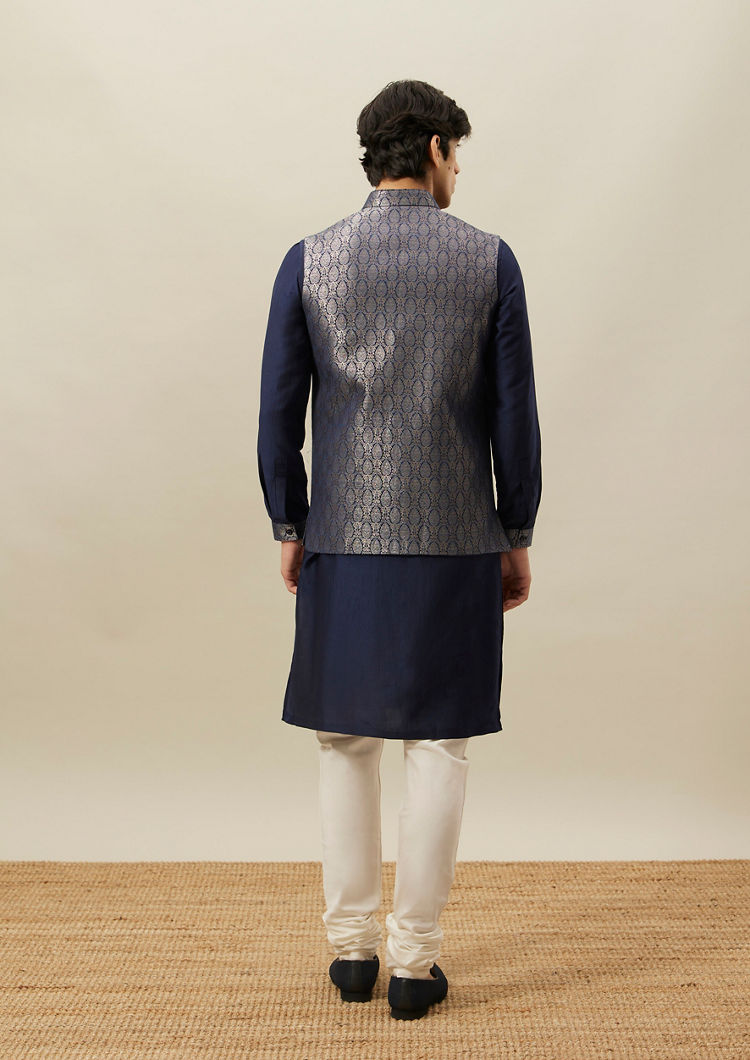 Twamev Men Dark Blue Woven Kurta Jacket Set