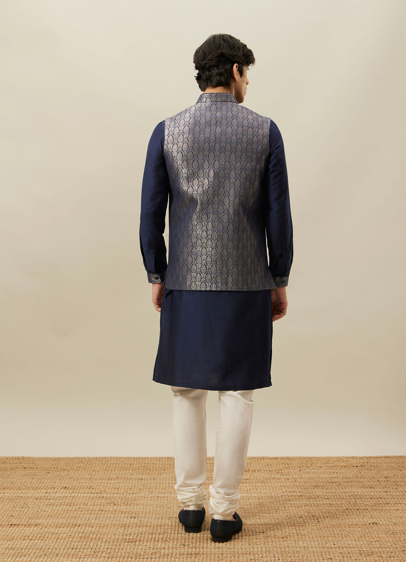 Twamev Men Dark Blue Silk Geometric Woven Jacquard Jacket Set