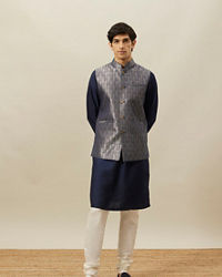 Twamev Men Dark Blue Silk Geometric Woven Jacquard Jacket Set