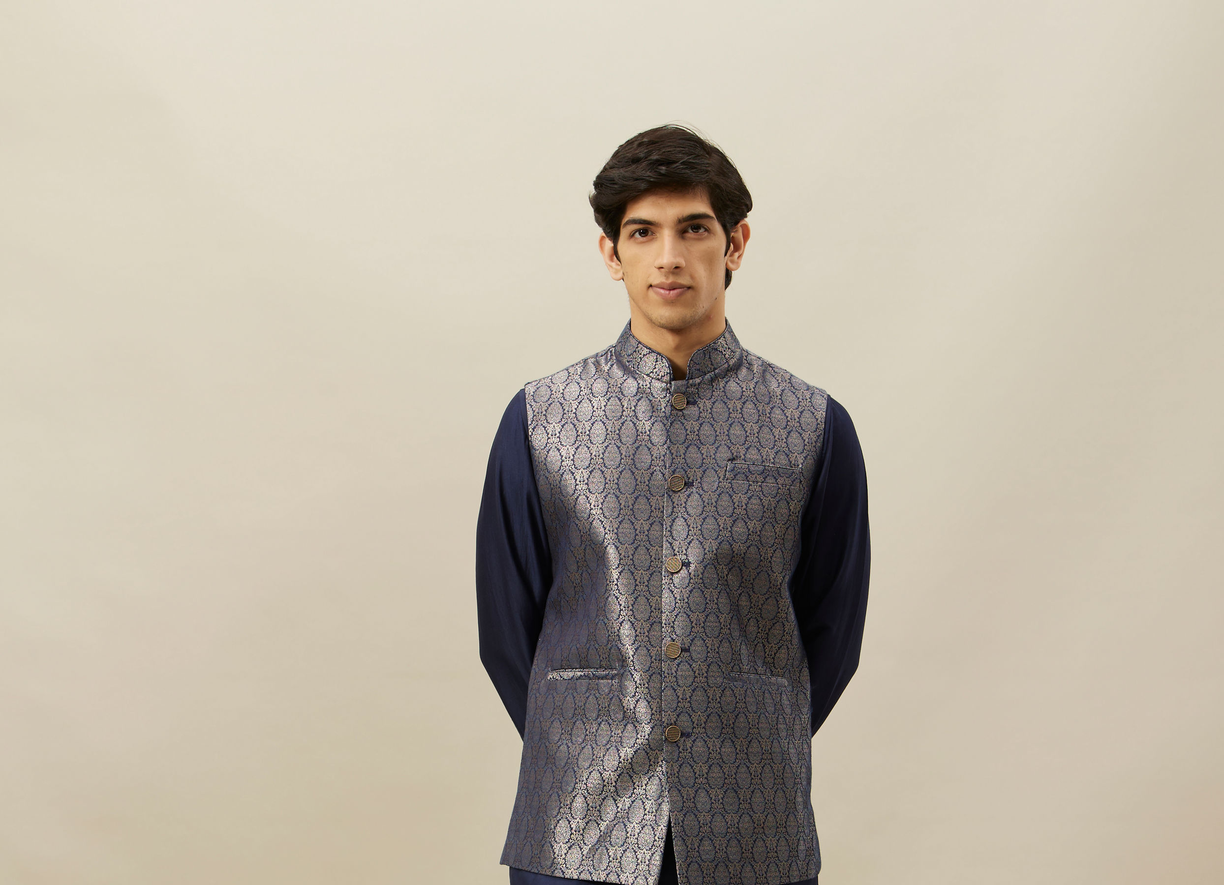Twamev Men Dark Blue Silk Geometric Woven Jacquard Jacket Set