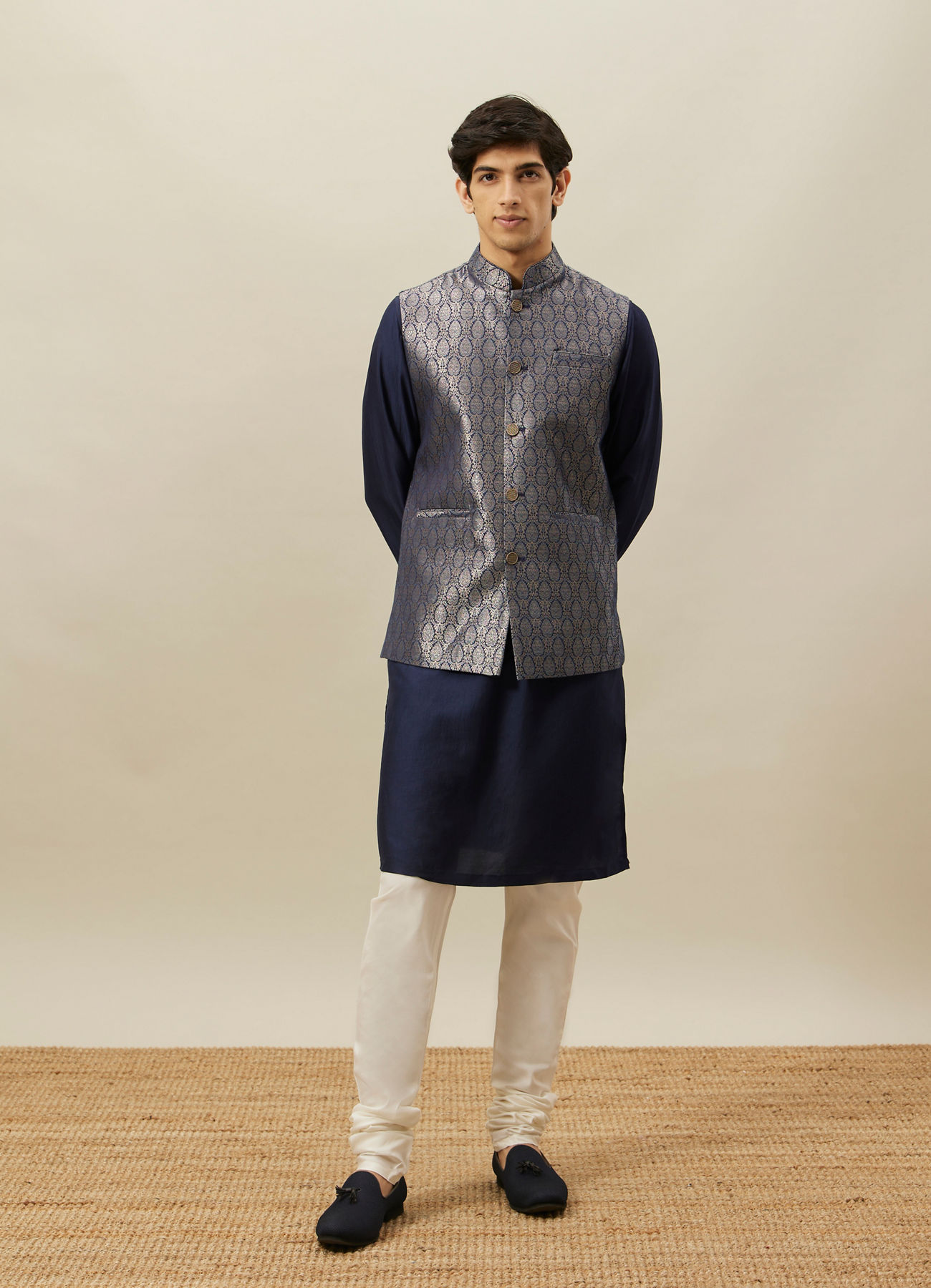 Twamev Men Dark Blue Silk Geometric Woven Jacquard Jacket Set