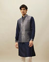 Dark Blue Silk Geometric Woven Jacquard Jacket Set