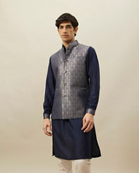 Twamev Men Dark Blue Silk Geometric Woven Jacquard Jacket Set