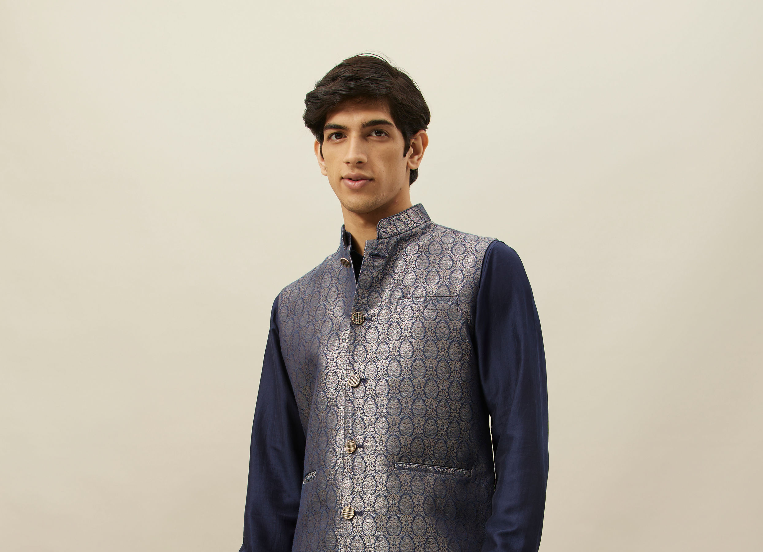 Twamev Men Dark Blue Silk Geometric Woven Jacquard Jacket Set