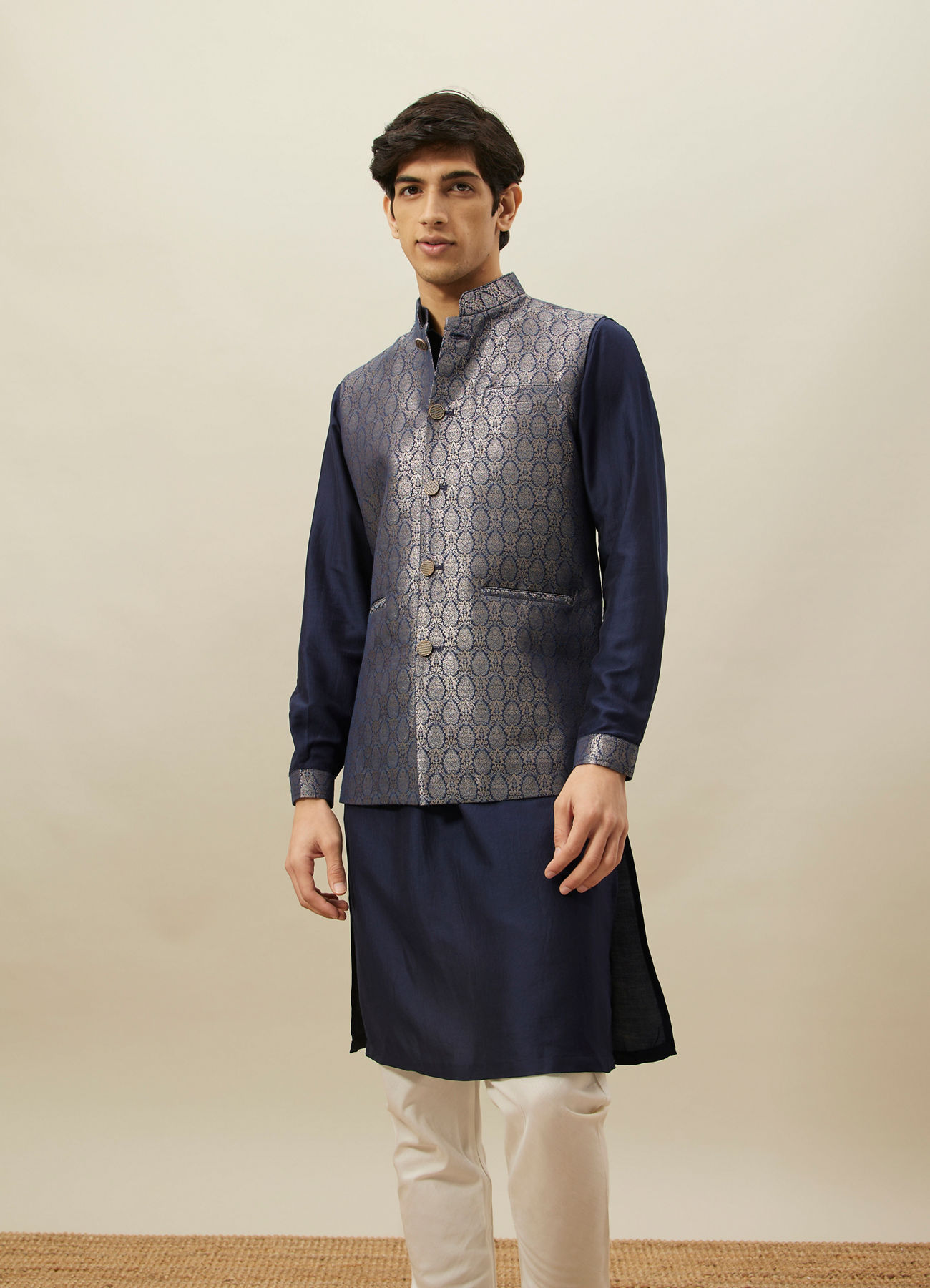 Twamev Men Dark Blue Silk Geometric Woven Jacquard Jacket Set