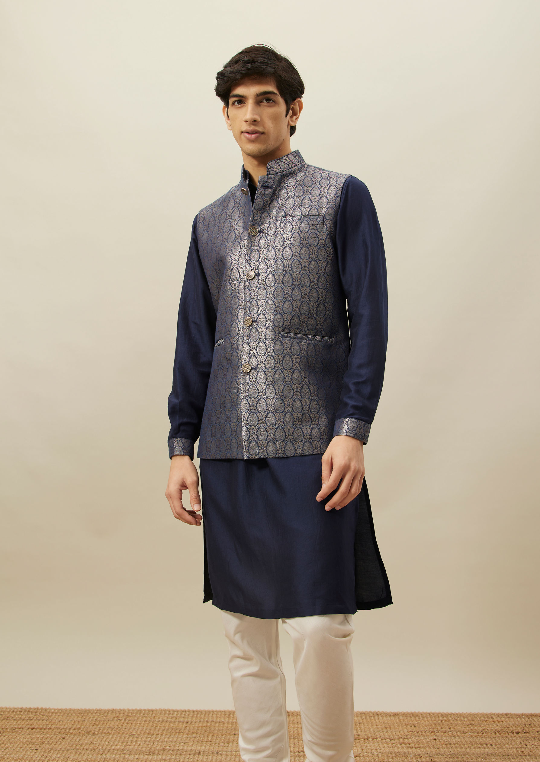 Twamev Men Dark Blue Woven Kurta Jacket Set