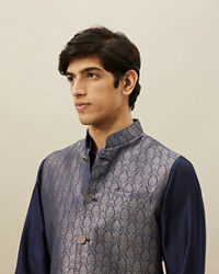 Twamev Men Dark Blue Silk Geometric Woven Jacquard Jacket Set