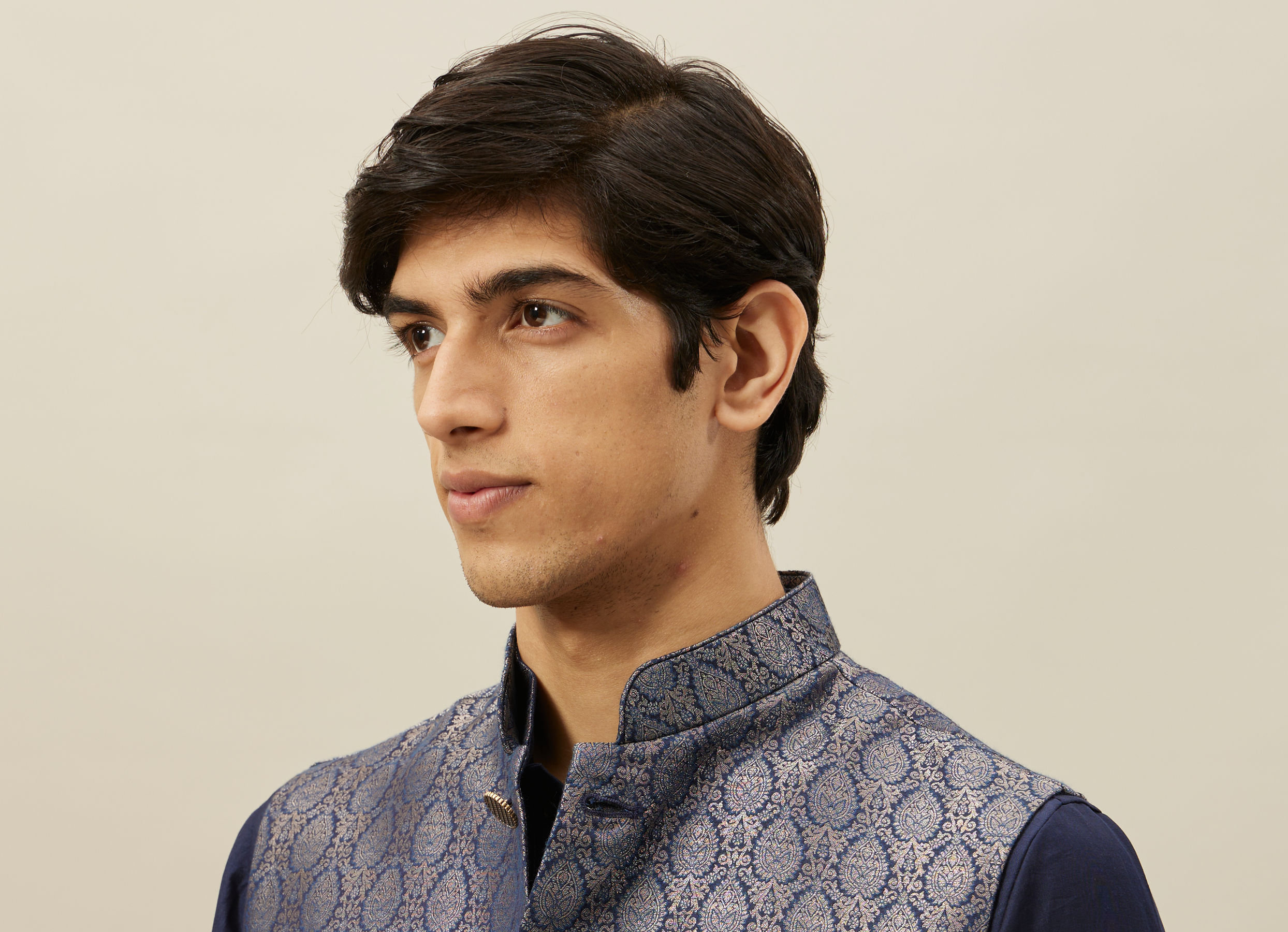 Twamev Men Dark Blue Silk Geometric Woven Jacquard Jacket Set