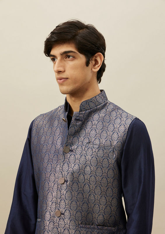 Twamev Men Dark Blue Woven Kurta Jacket Set image number 1