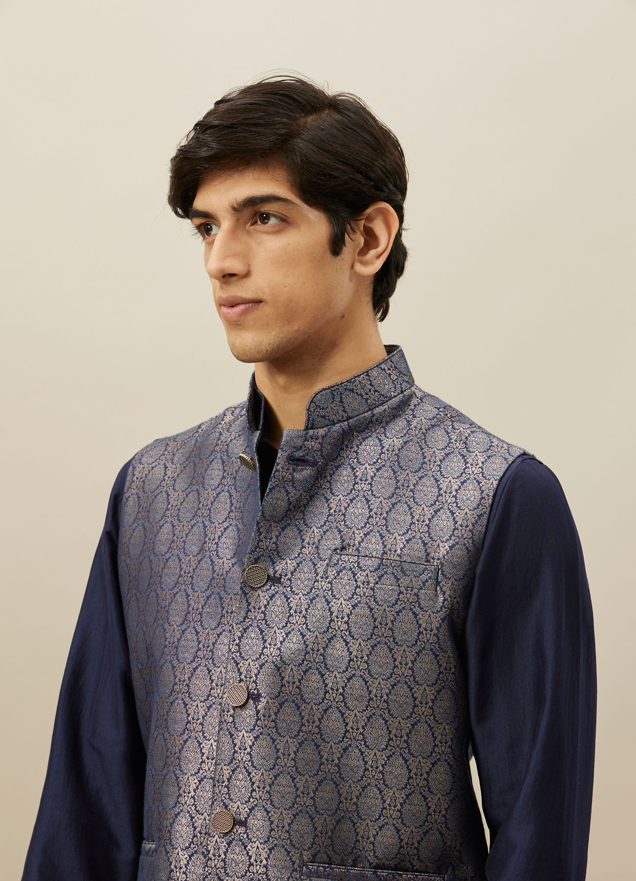 Twamev Men Dark Blue Silk Geometric Woven Jacquard Jacket Set