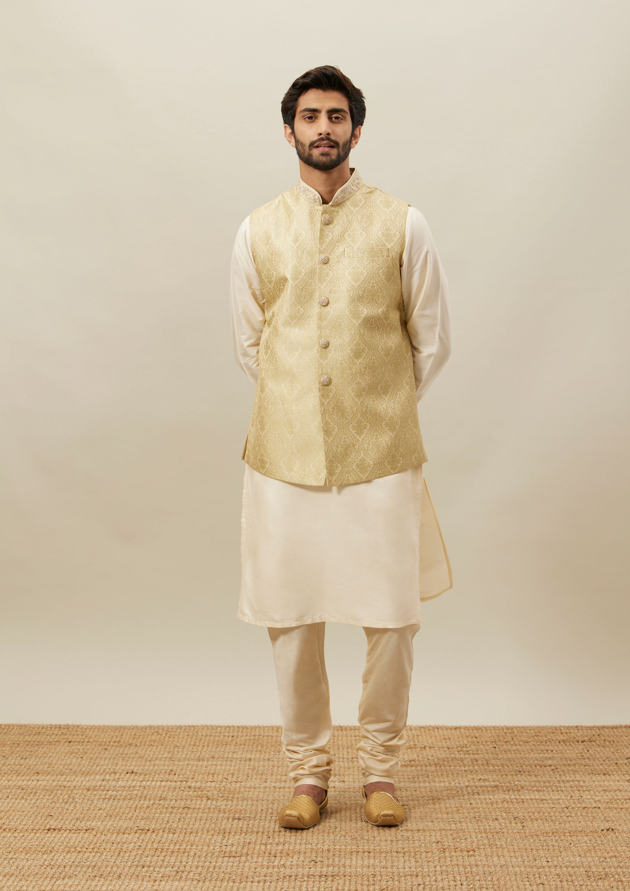 Twamev Men Cream Woven Kurta Jacket Set