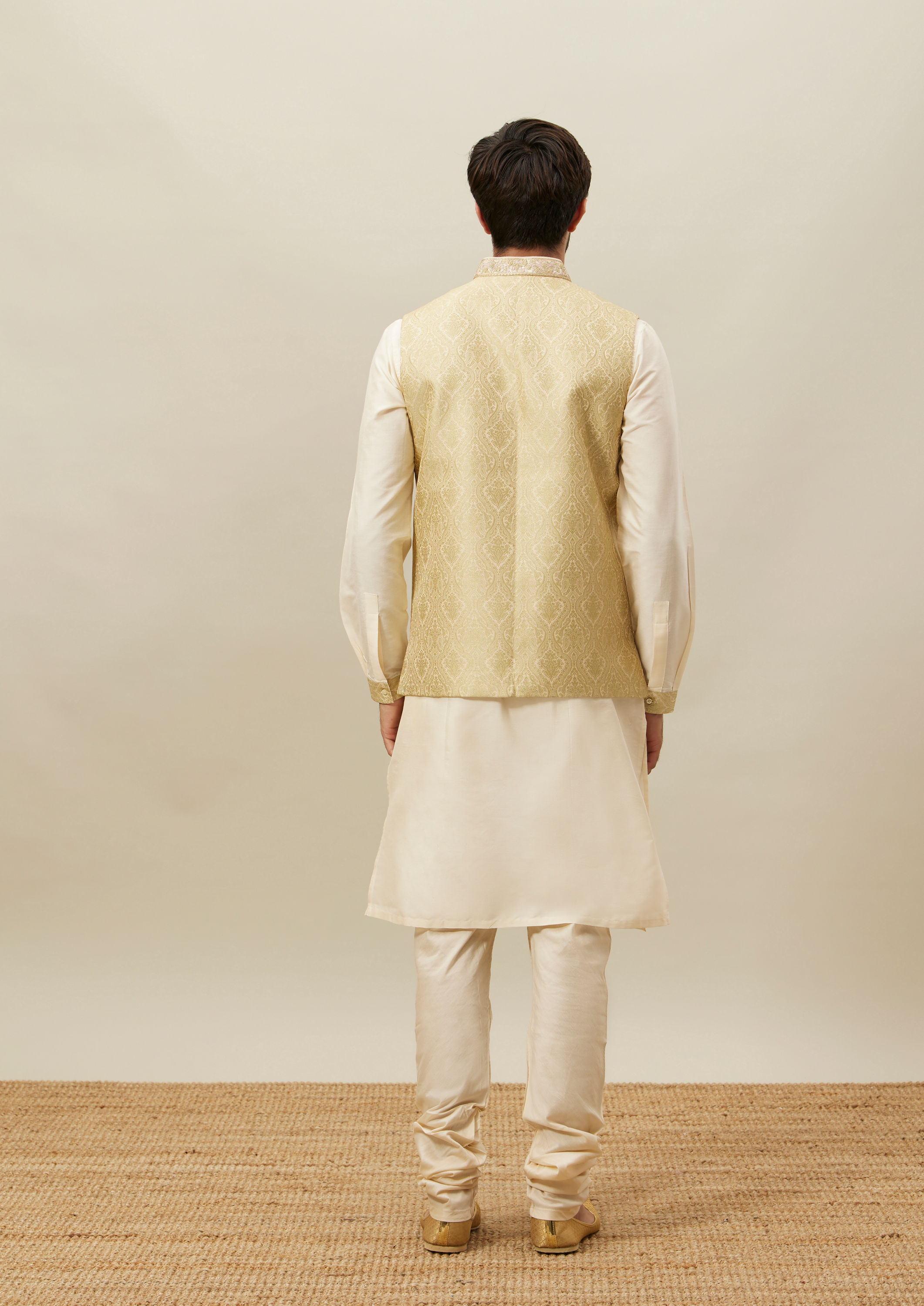 Twamev Men Cream Woven Kurta Jacket Set