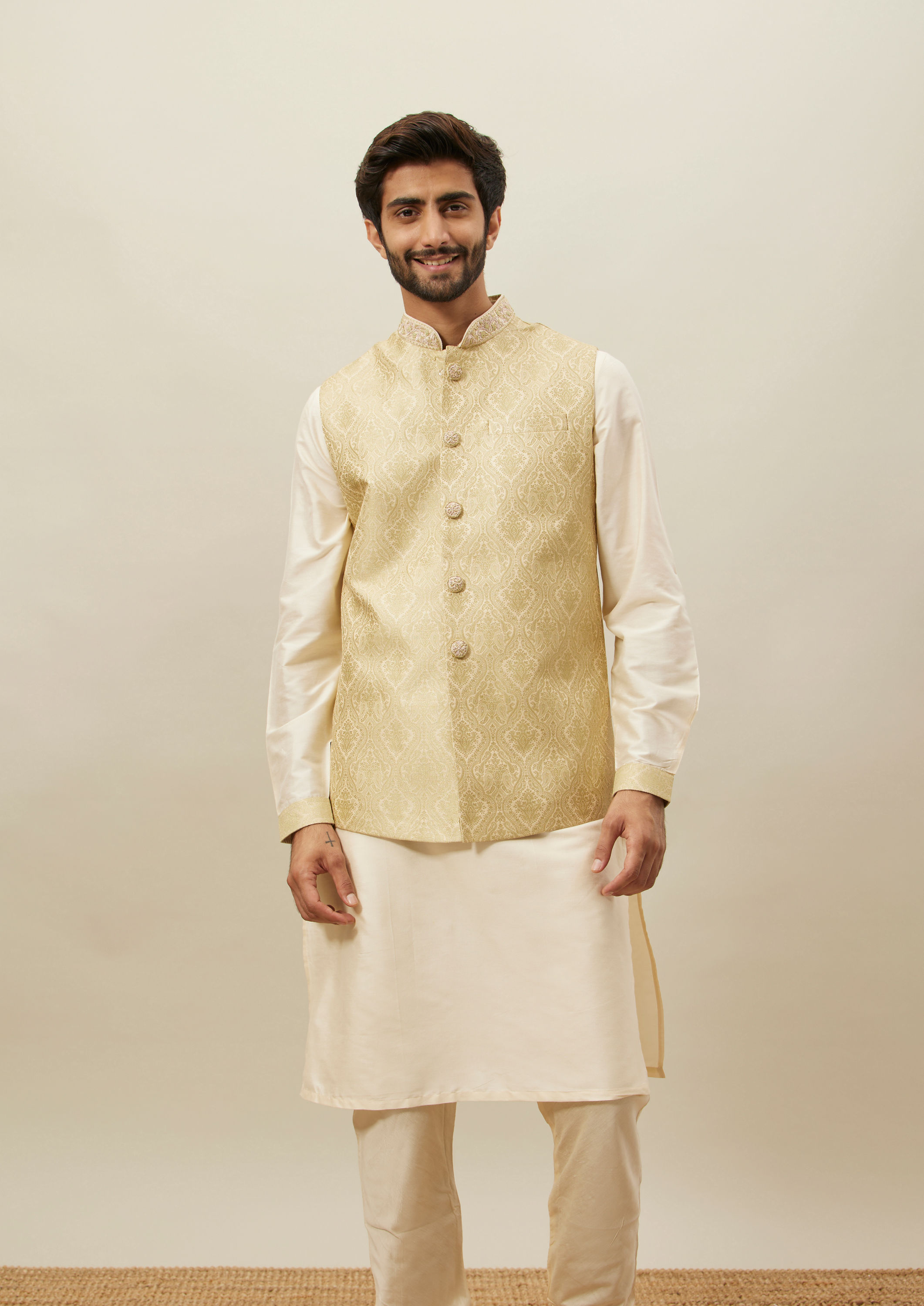 Twamev Men Cream Woven Kurta Jacket Set image number 0