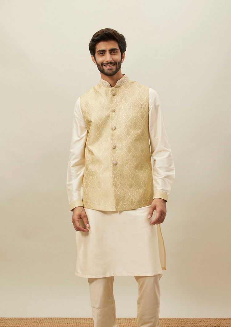 Twamev Men Cream Woven Kurta Jacket Set