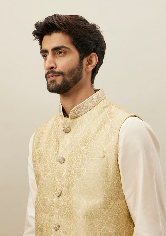 Twamev Men Cream Woven Kurta Jacket Set