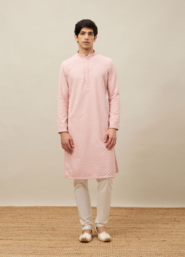 alt message - Manyavar Men Rosewater Pink Chikankari Patterned Kurta Set image number 2