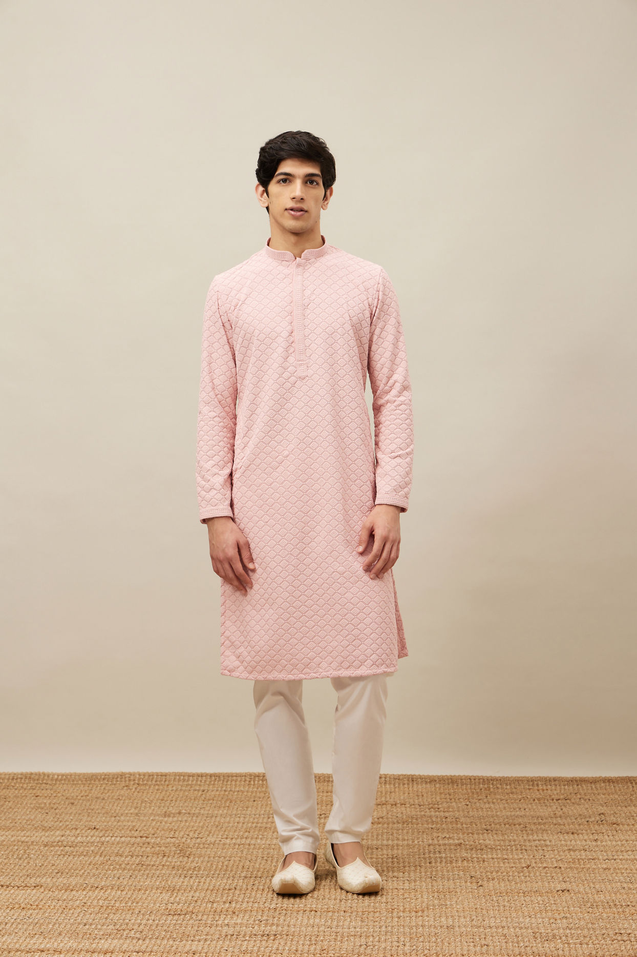 Manyavar Men Rosewater Pink Chikankari Patterned Kurta Set
