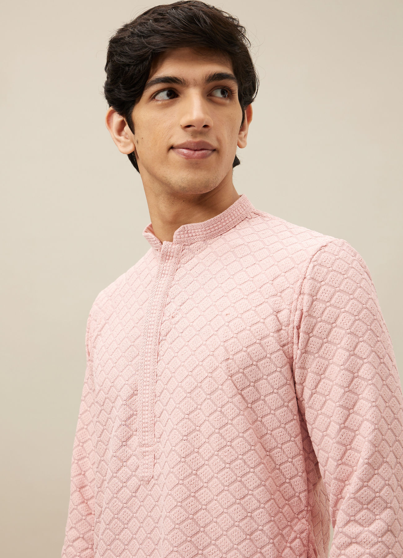 Manyavar Men Rosewater Pink Chikankari Patterned Kurta Set