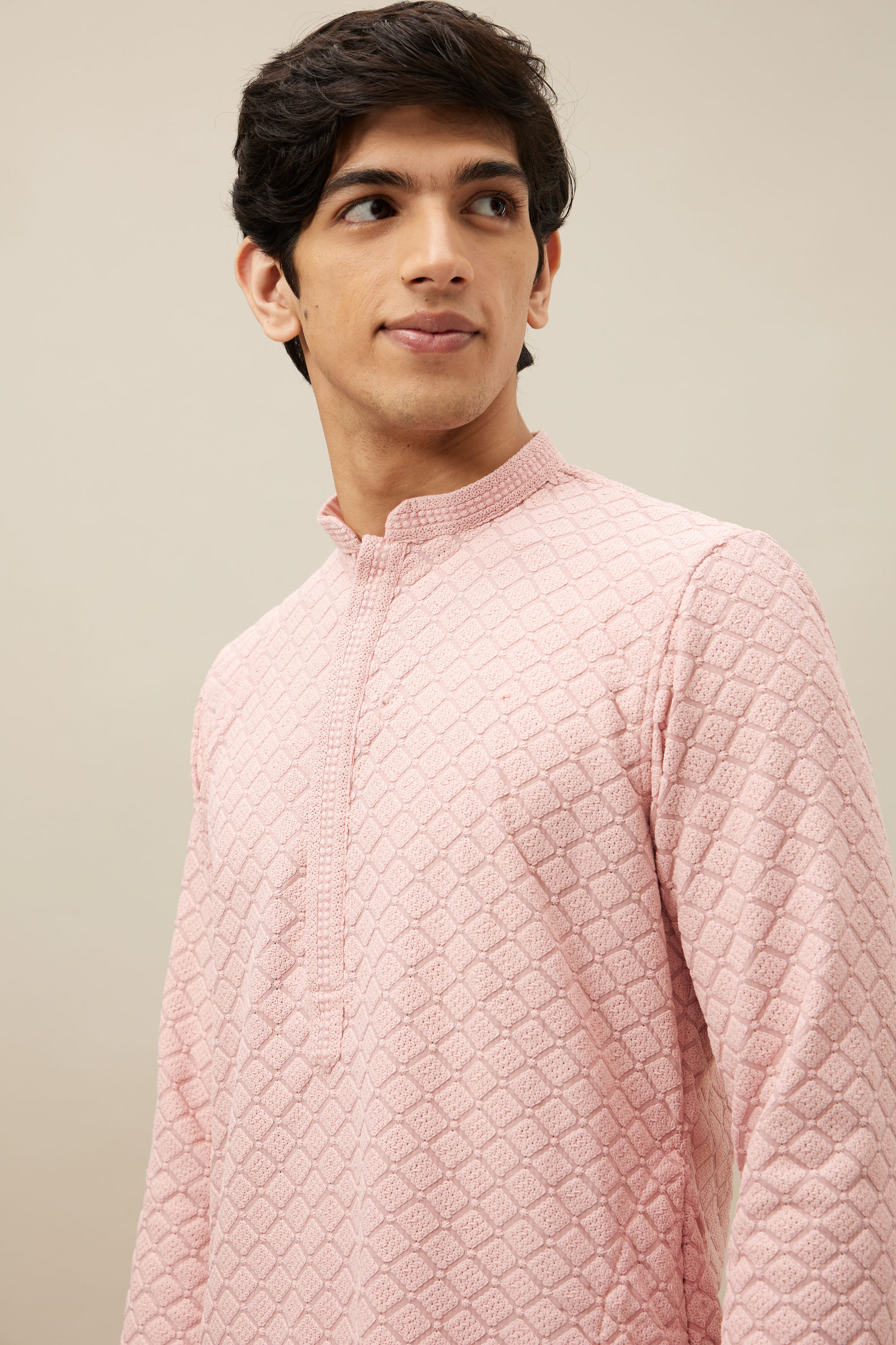 Manyavar Men Rosewater Pink Chikankari Patterned Kurta Set