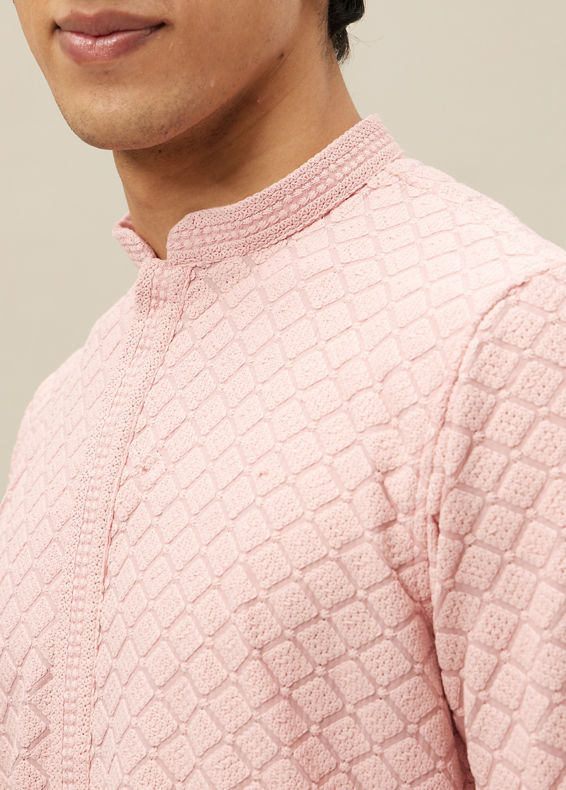 Manyavar Men Rosewater Pink Chikankari Patterned Kurta Set