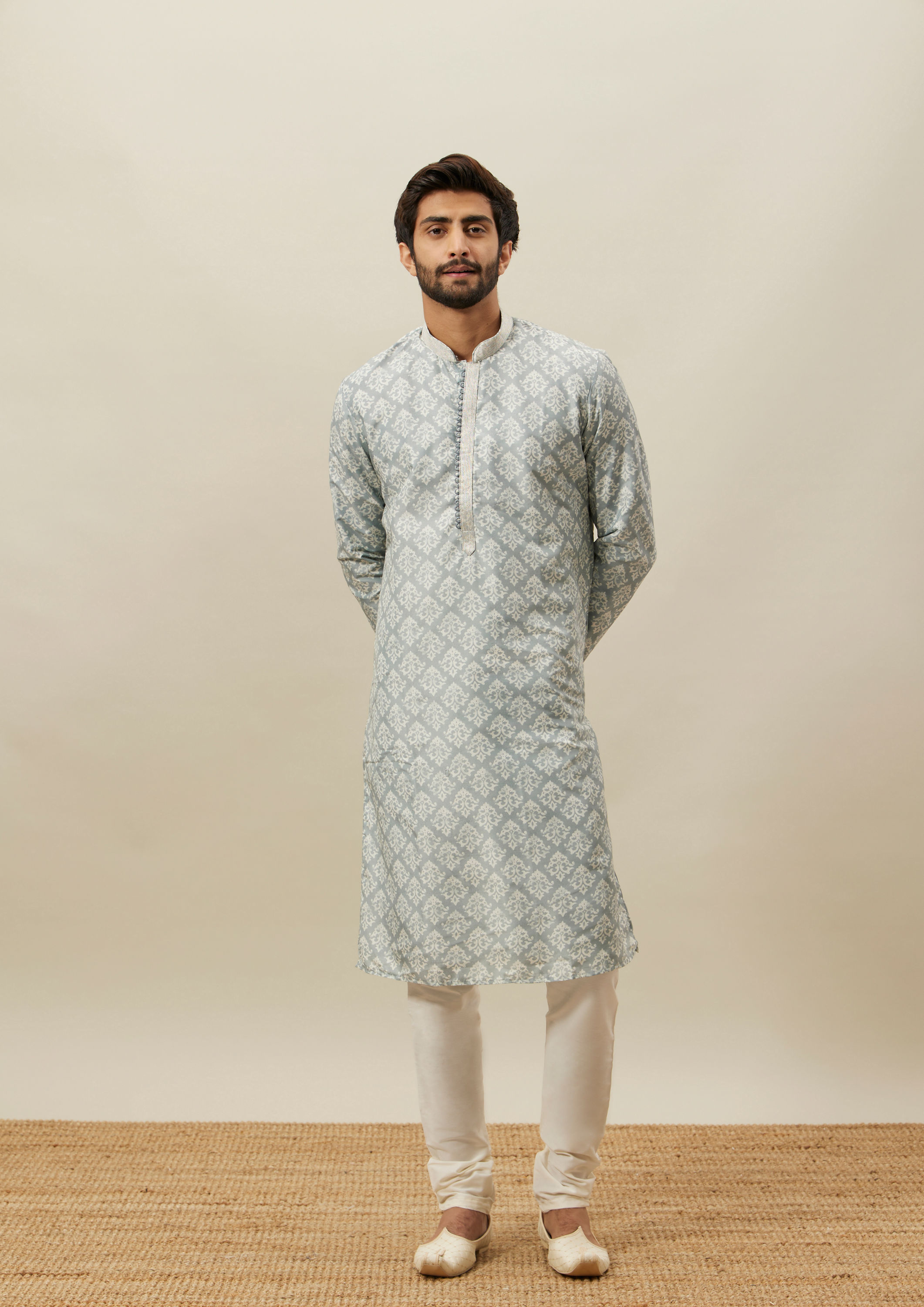 Twamev Men Grey Printed Kurta Set