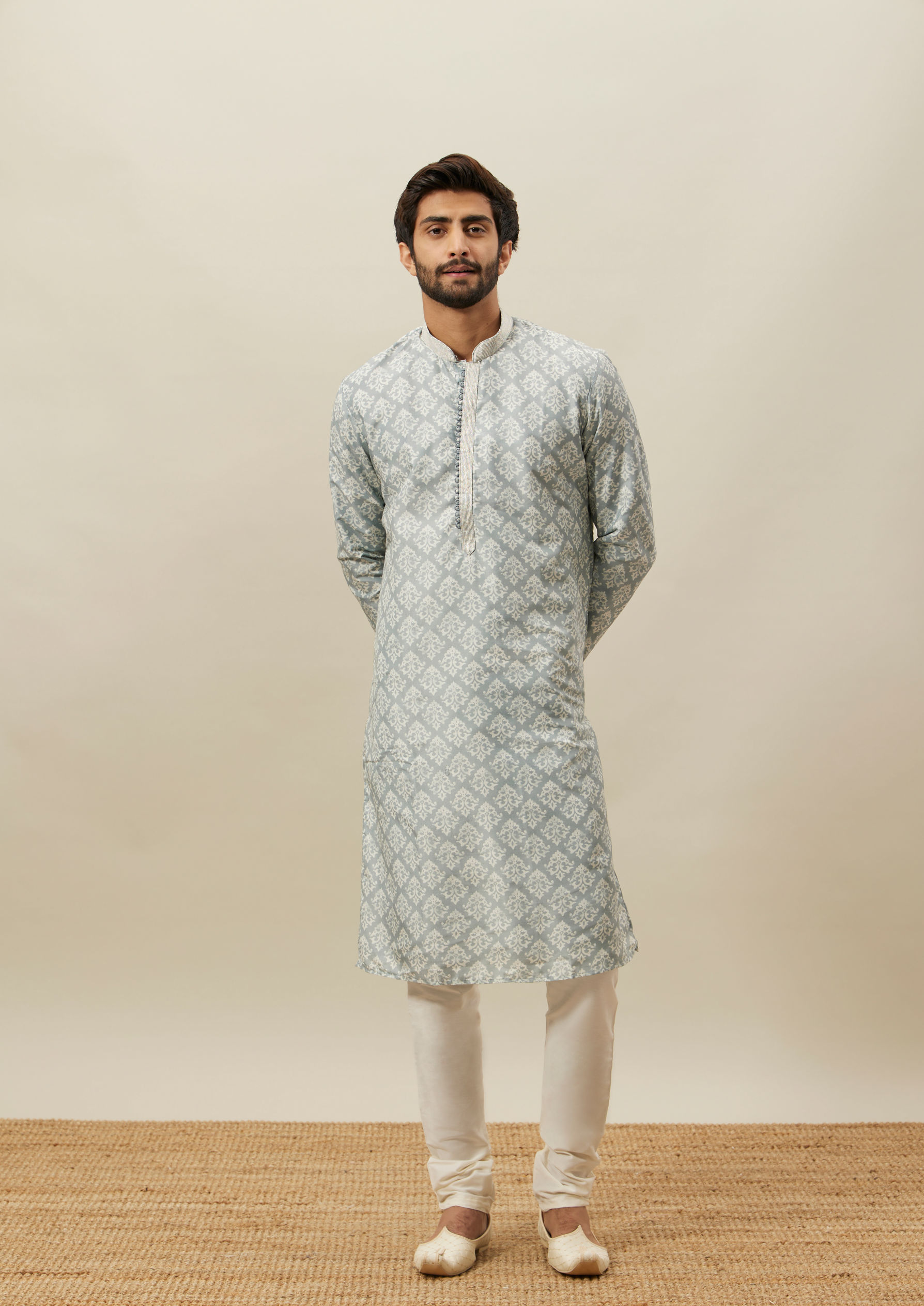 Twamev Men Grey Printed Kurta Set