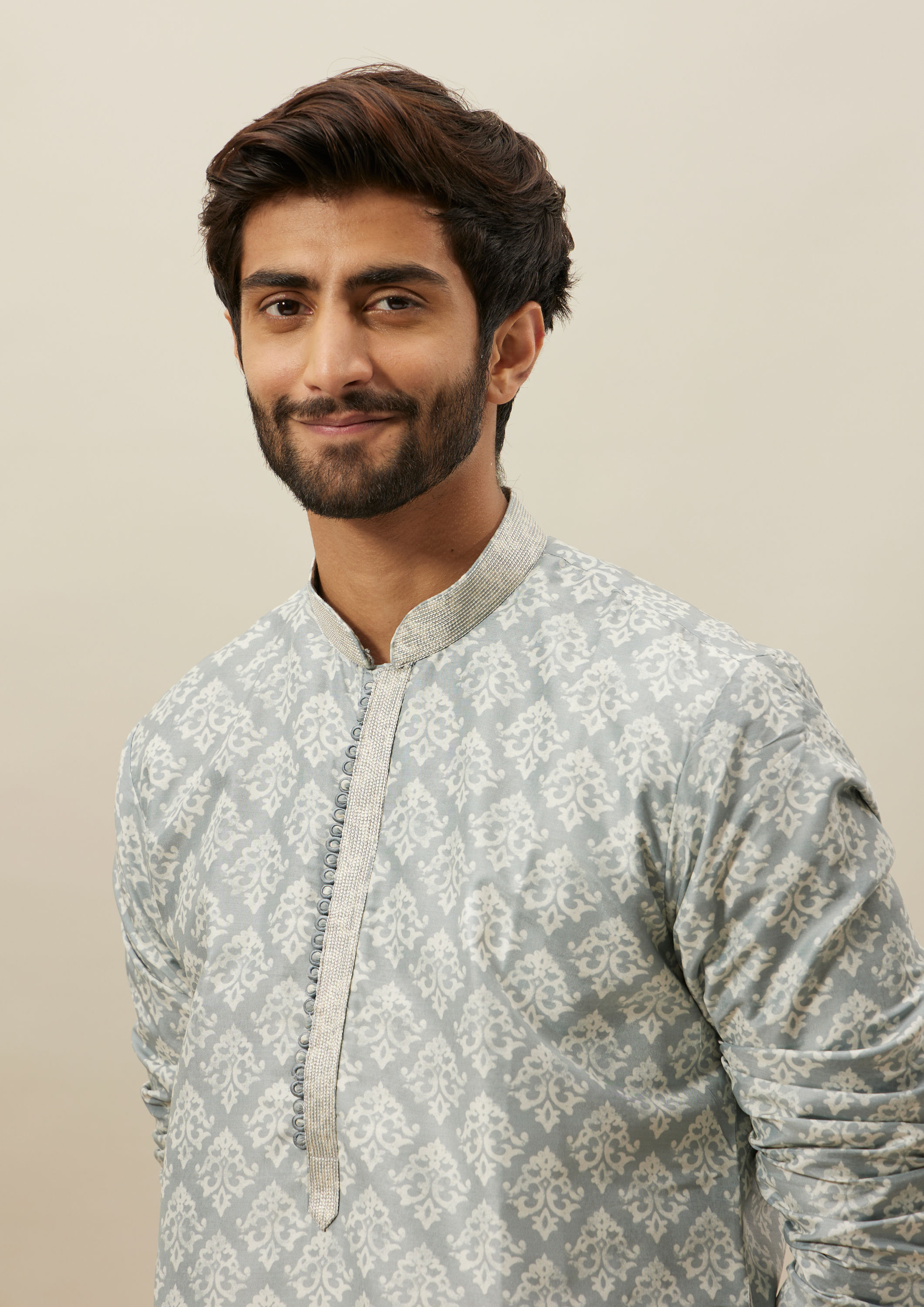 Twamev Men Grey Printed Kurta Set