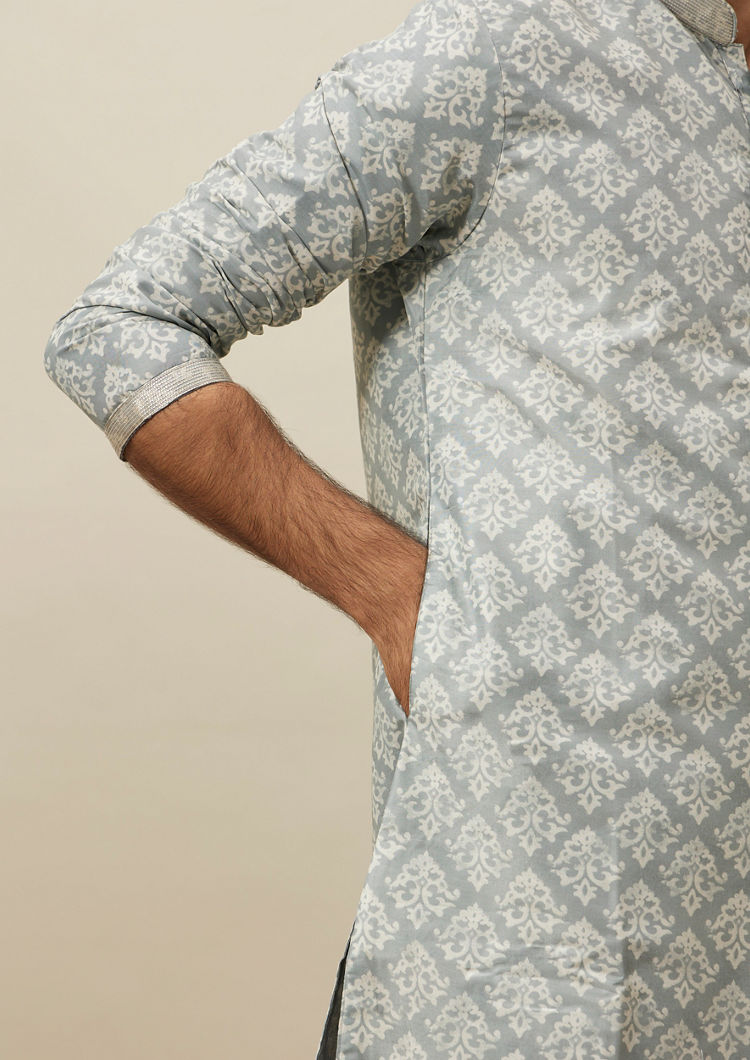 Twamev Men Grey Printed Kurta Set
