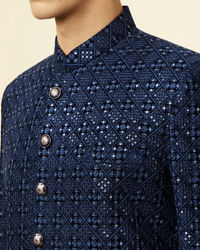 Manyavar Men Royal Blue Grid Patterned Sequined Suit