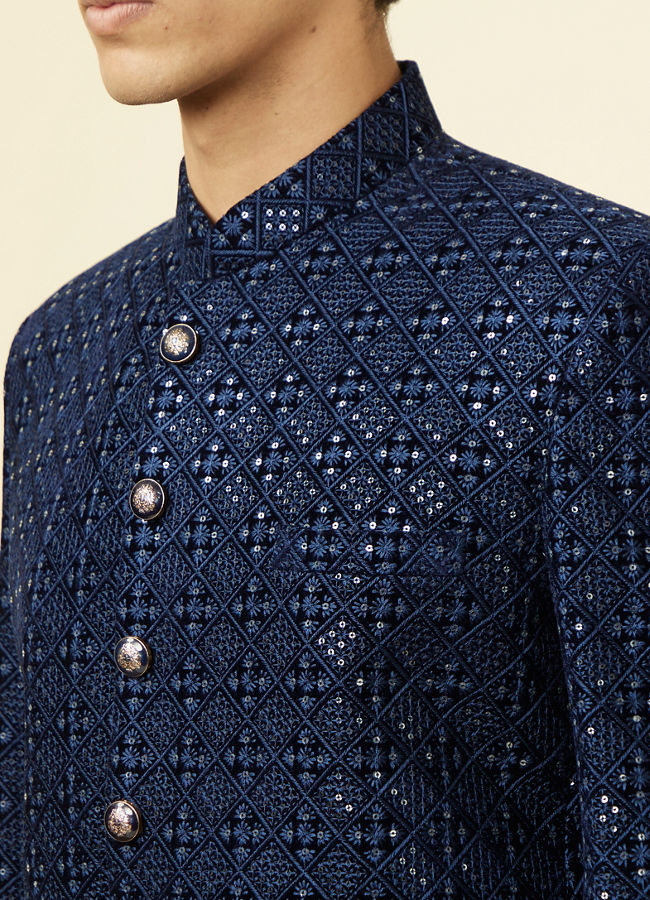 alt message - Manyavar Men Royal Blue Grid Patterned Sequined Suit image number 1