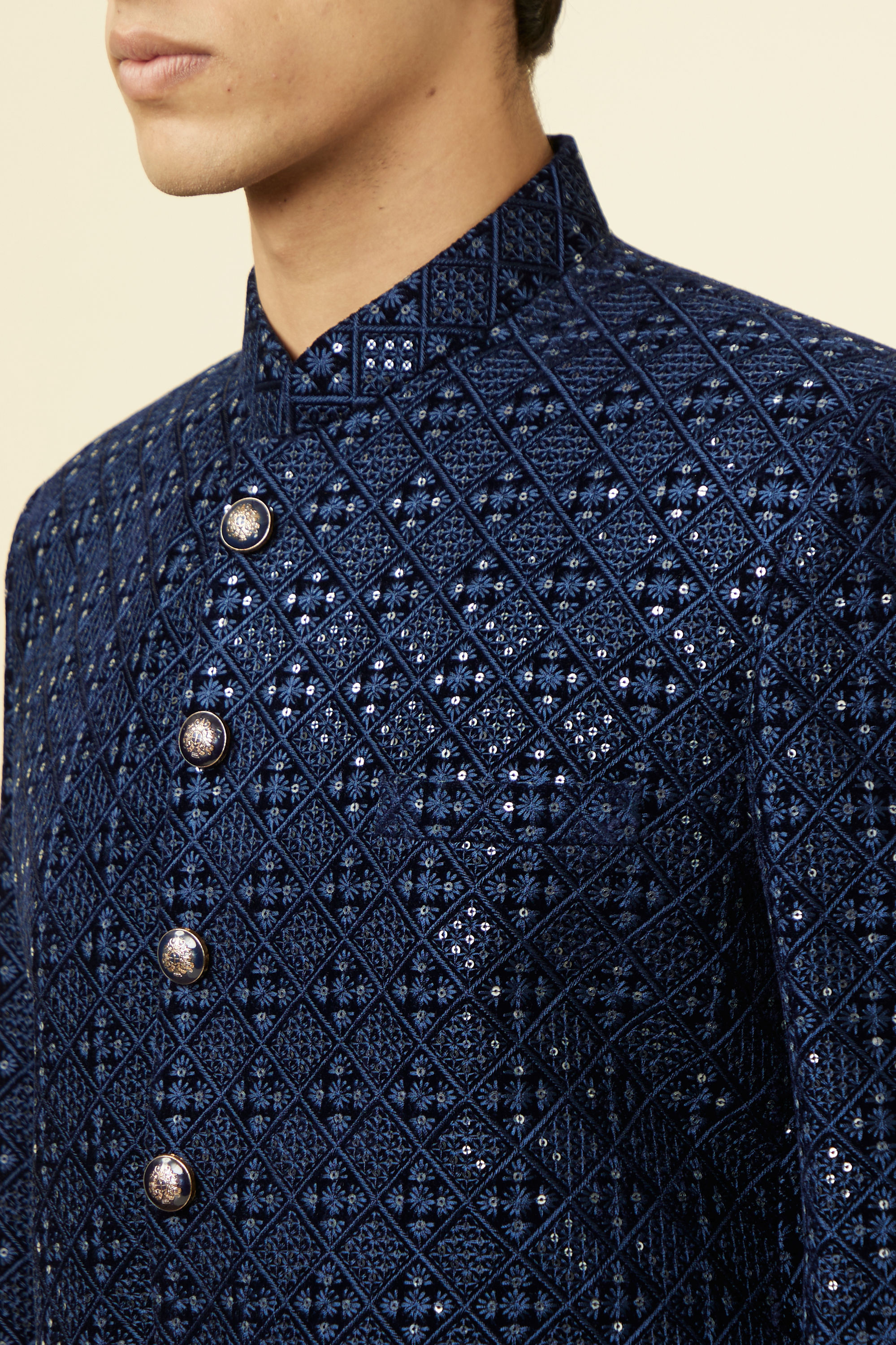 Manyavar Men Royal Blue Grid Patterned Sequined Suit