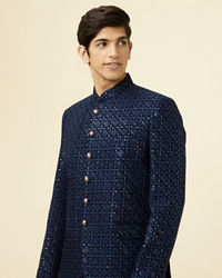 Manyavar Men Royal Blue Grid Patterned Sequined Suit