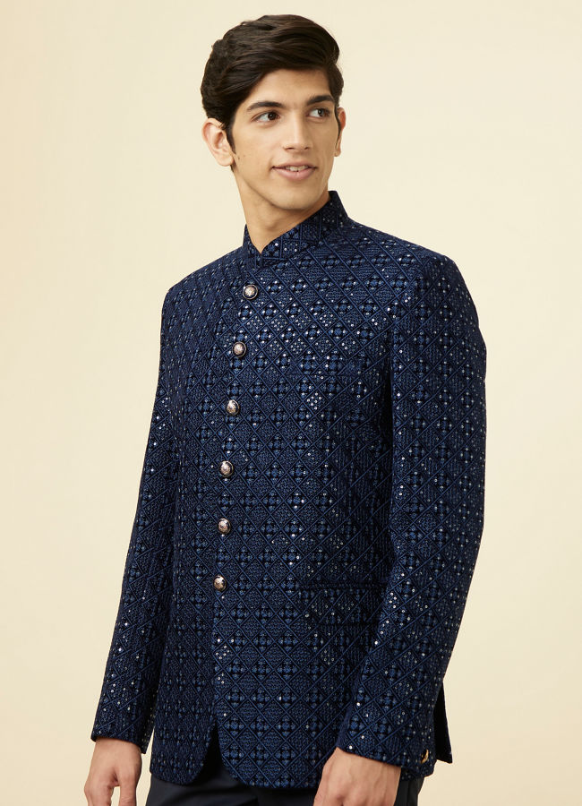 alt message - Manyavar Men Royal Blue Grid Patterned Sequined Suit image number 0