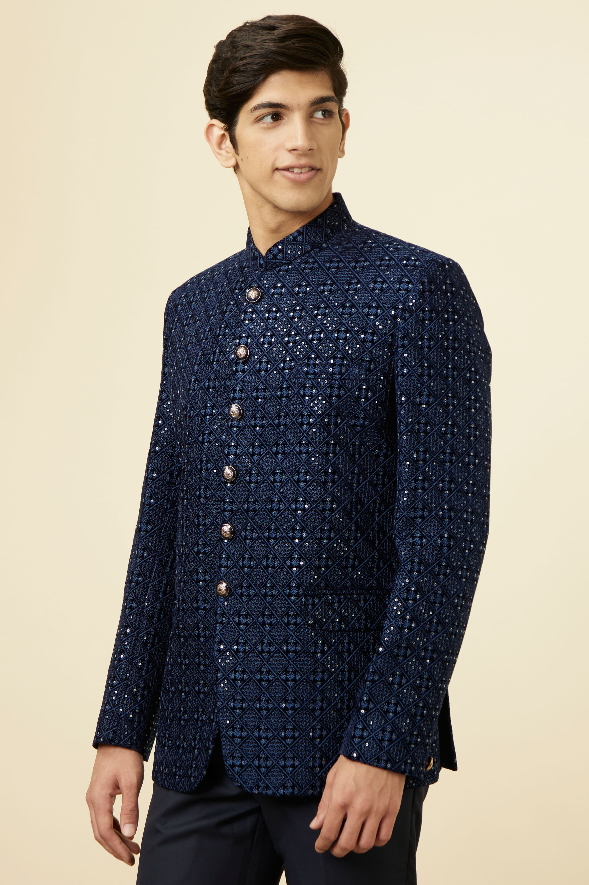 Manyavar Men Royal Blue Grid Patterned Sequined Suit