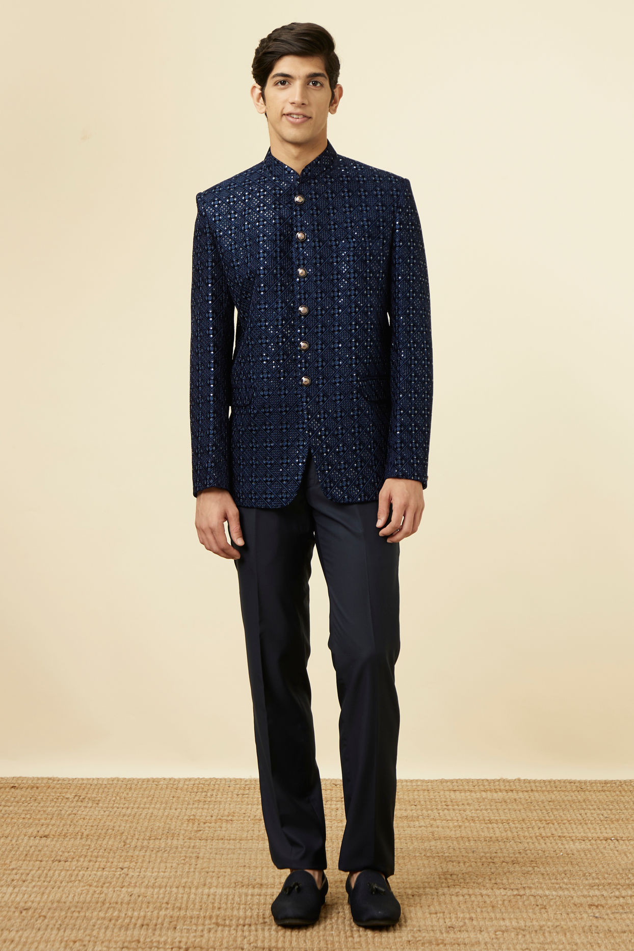 alt message - Manyavar Men Royal Blue Grid Patterned Sequined Suit image number 2