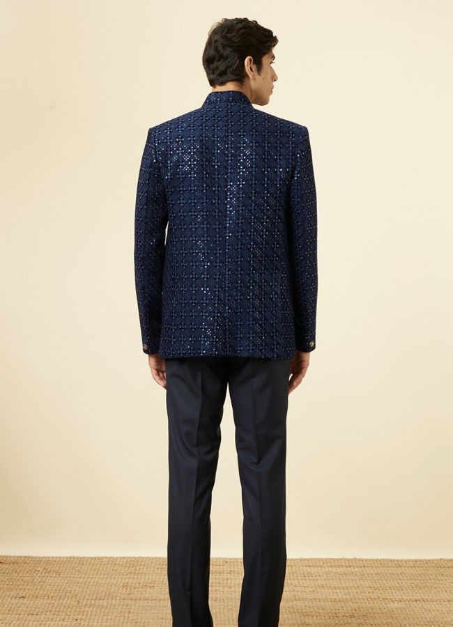 alt message - Manyavar Men Royal Blue Grid Patterned Sequined Suit image number 4