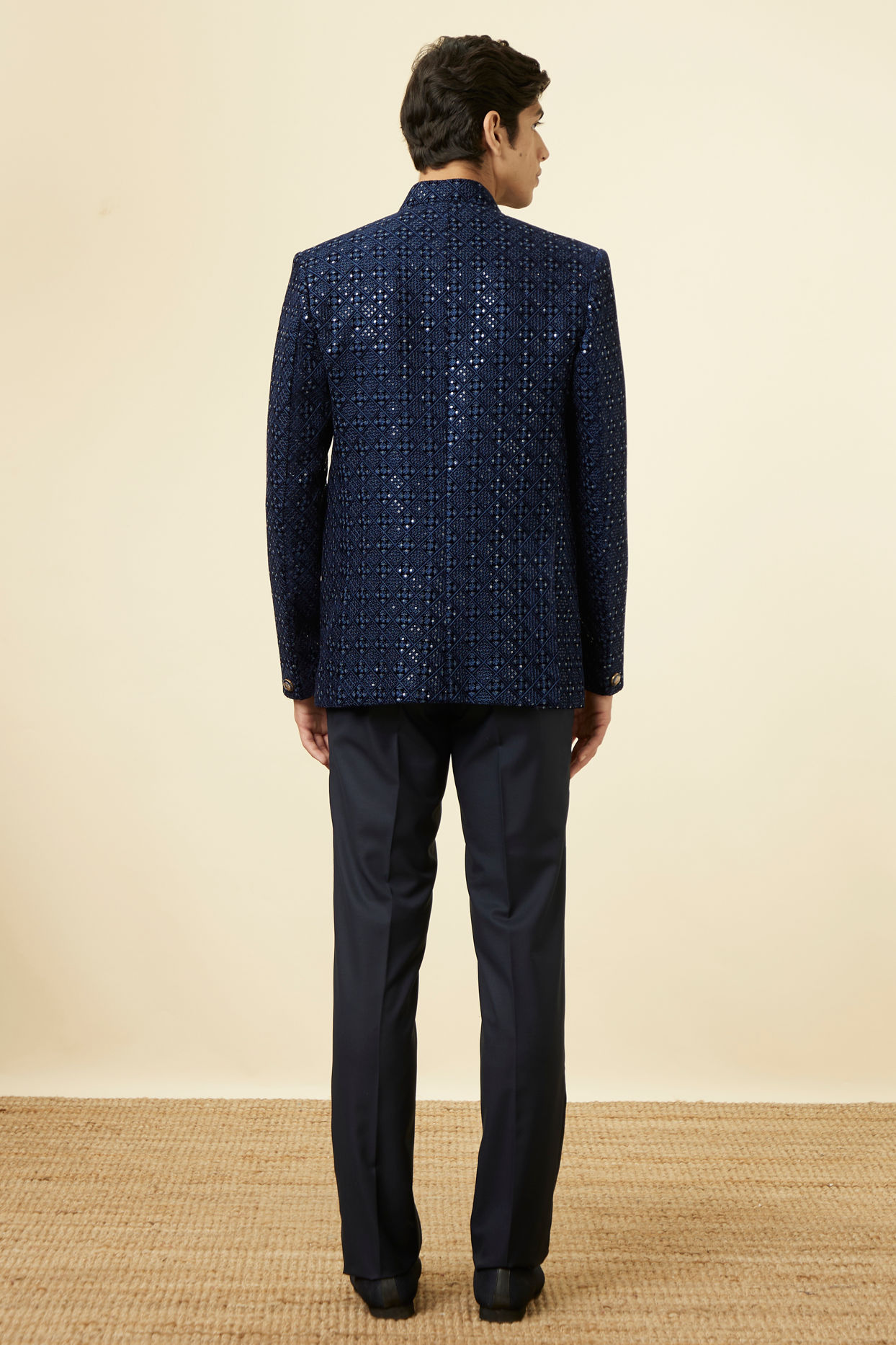 Manyavar Men Royal Blue Grid Patterned Sequined Suit