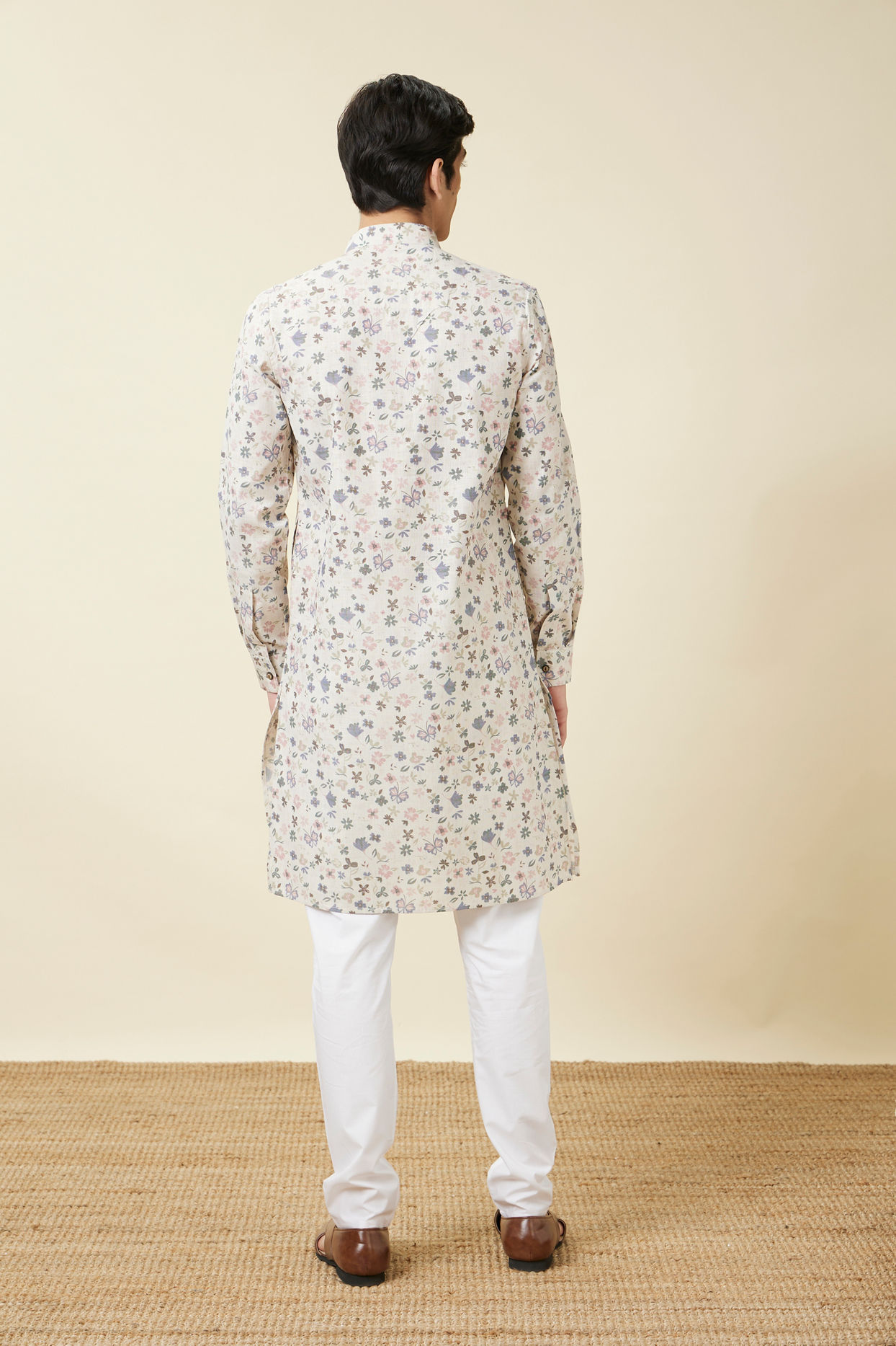 Manyavar Men Antique White Floral Printed Kurta