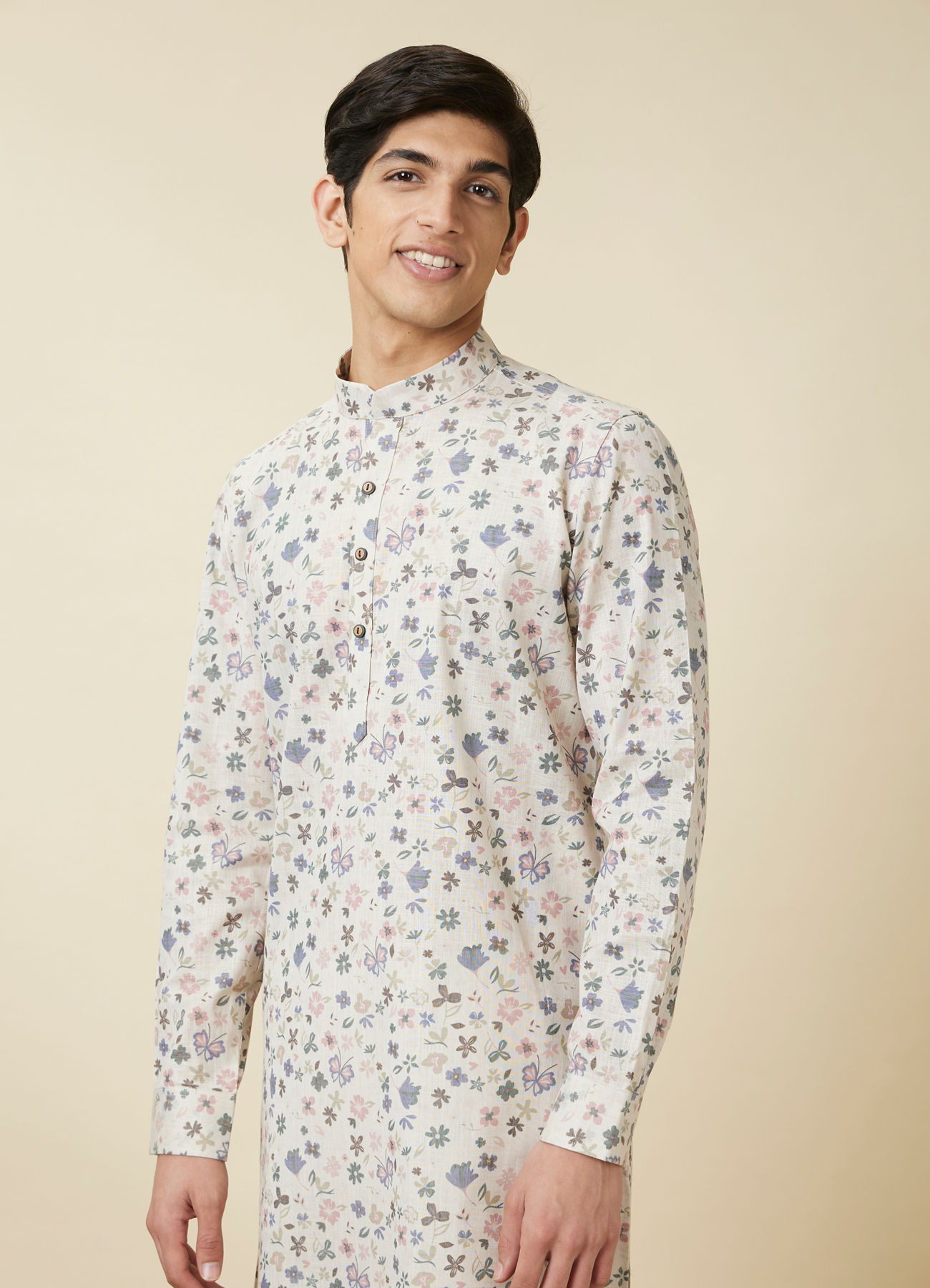 Manyavar Men Antique White Floral Printed Kurta