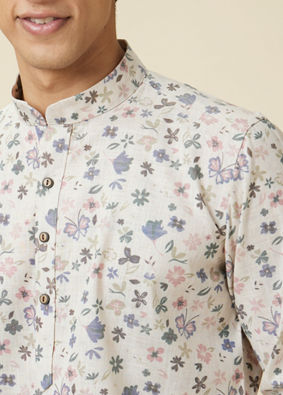 Manyavar Men Antique White Floral Printed Kurta